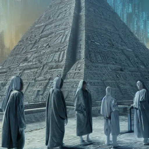 Prompt: a group of ancient sacred religious cult in robes studying in the middle of a technological sci fi advanced city with a large pyramid in its center, highly detailed, intricate, digital painting, trending on artstation, concept art, matte painting, art by greg rutkwowski, craig mullins, octane render, 8 k, unreal engine