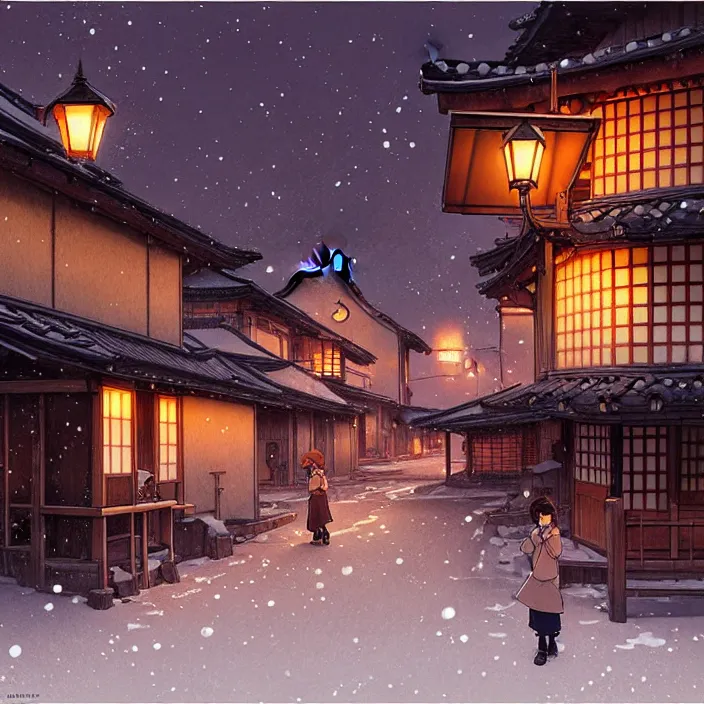 Image similar to empty rural japanese town at night, winter, in the style of studio ghibli, j. c. leyendecker, greg rutkowski, artem