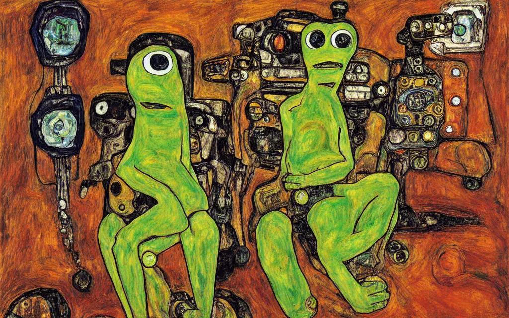 Image similar to a painting of sad pepe the frogs sitting on robots by graham sutherland, egon schiele!, gustav klimt, expressionism