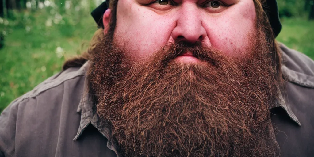 Image similar to obese redneck white male with long beard, wearing dirty overalls, dirty face, grin, portrait, close up, kodak gold 2 0 0, 5 0 mm