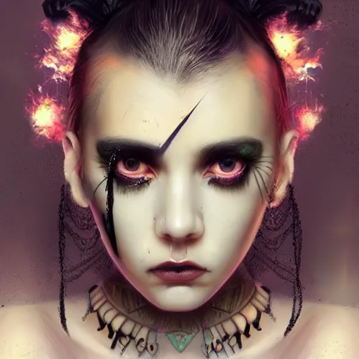 Image similar to A masterpiece portrait of a Incredibly beautiful half slightly damaged crying black swan makeup girl . tribal fashion. 2077 fashion. Cyberpunk farmer. American Gothic. Fire sparkles. Vogue. trending on artstation, digital art, by Stanley Artgerm Lau, WLOP, Rossdraws, James Jean, Andrei Riabovitchev, Marc Simonetti, Yoshitaka Amano