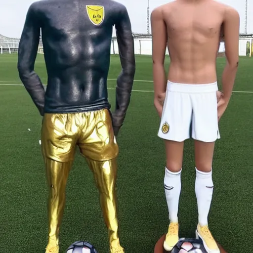 Image similar to a realistic detailed photo of a guy who is an attractive humanoid who is half robot and half humanoid, who is a male android, soccer players martin ødegaard & timo werner, shiny skin, posing like a statue, blank stare, in a living room, on display, showing off his muscles, gold soccer shorts, no jersey, statue, many copies of them