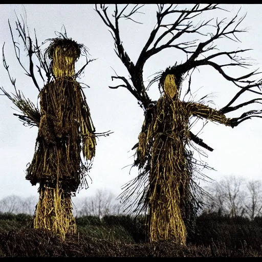 Prompt: midwich cuckoos wyndham. folk horror. highly detailed. scarecrows with flames for hair