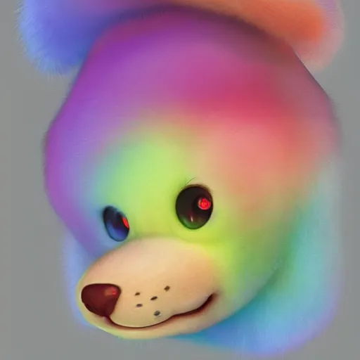 Prompt: cutie fluffy creature rainbow bear, digital art, 3 d, octave render, masterpiece, mega detailed, pixar, disney, vivid illustration, cartoon, fantasy, by george stubbs, artgerm, in the style of ghibli kazuo oga, pastel fur