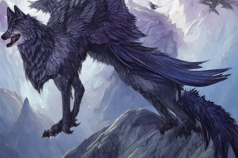 Prompt: Blue feathered wolf with wings on a beautiful fantasy landscape, hills, mountains, moonlit, HD, illustration, epic, D&D, fantasy, intricate, elegant, highly detailed, digital painting, artstation, concept art, smooth, sharp focus, illustration, wallpaper, art by artgerm and greg rutkowski and alphonse mucha and jin xiaodi