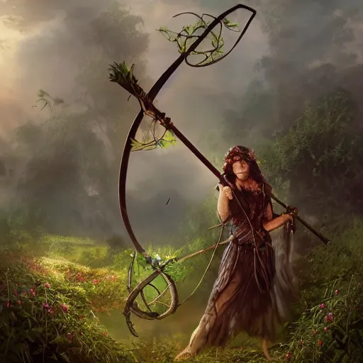 Prompt: a scythe teeming with nature magic energy, and bits of vines and flowers. In the background, a druid is wielding the scythe. fantasy, art, photorealistic, depth of field, backlighting