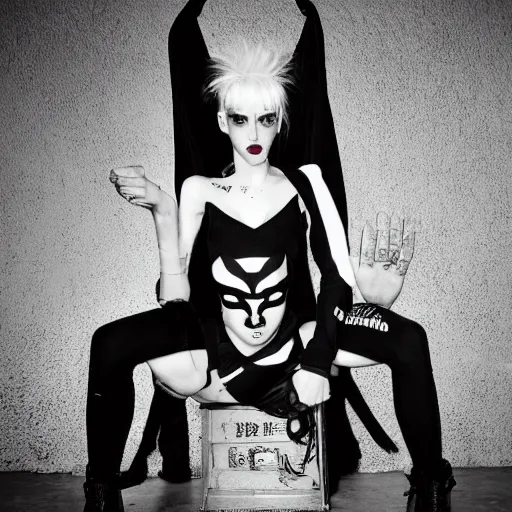 Image similar to zeff black and white photoshoot die antwoord ninja