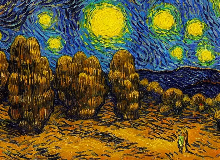 Prompt: painting of a desert oasis at night, inspired by Starry Night, Vincent Van Gogh