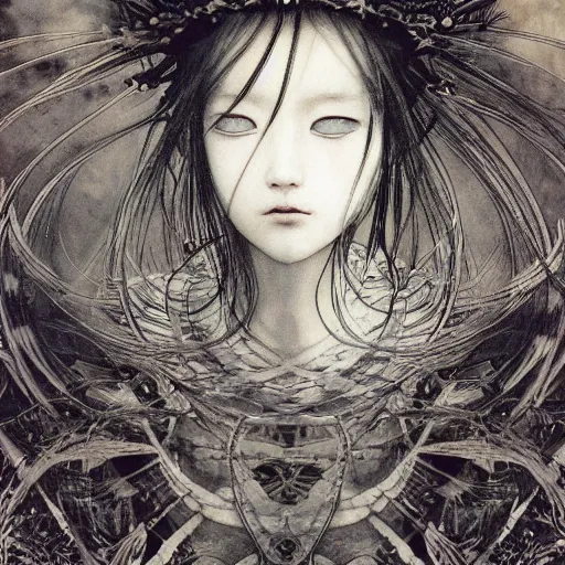 Prompt: yoshitaka amano blurred and dreamy illustration of a girl with black eyes, wavy white hair fluttering in the wind wearing elden ring armor and crown with engraving, highly detailed face, abstract black and white patterns on the background, noisy film grain effect, highly detailed, renaissance oil painting, weird portrait angle, blurred lost edges, three quarter view