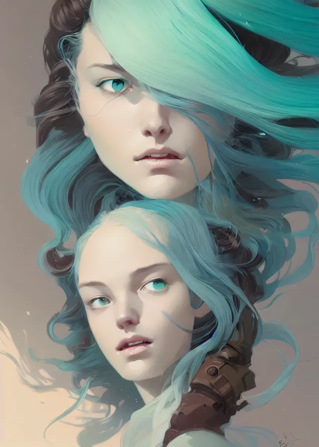 Image similar to beautiful artistic - wave highly detailed portrait female, front facing, long green hair, by atey ghailan, by greg rutkowski, by greg tocchini, by james gilleard, by joe fenton, by kaethe butcher, dynamic lighting, gradient light blue, brown, blonde cream and white color scheme, grunge aesthetic