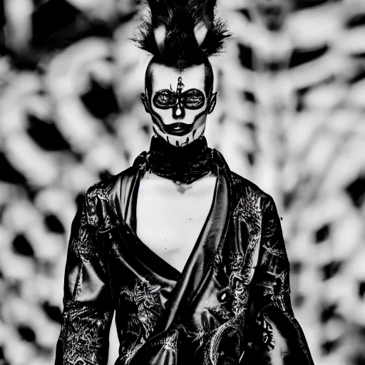 Image similar to modern high fashion clothing designer inspired by vampires and samurai runway photo canon - ae 1 3 5 mm film camera male model highly detailed intricate