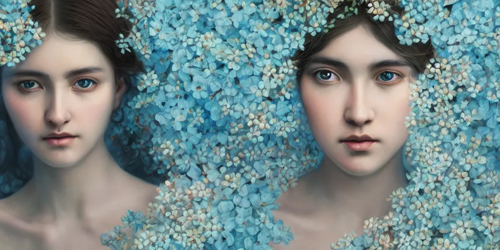 Prompt: breathtaking detailed concept art painting of the goddess of light blue flowers, orthodox saint, with anxious, piercing eyes, ornate background, amalgamation of leaves and flowers, by Hsiao-Ron Cheng, extremely moody lighting, 8K