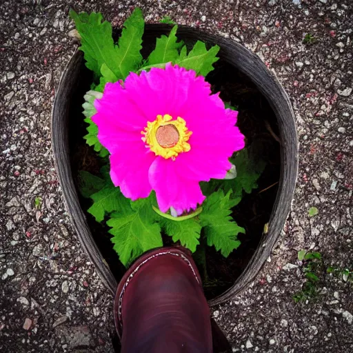 Prompt: a pink flower inside a boot