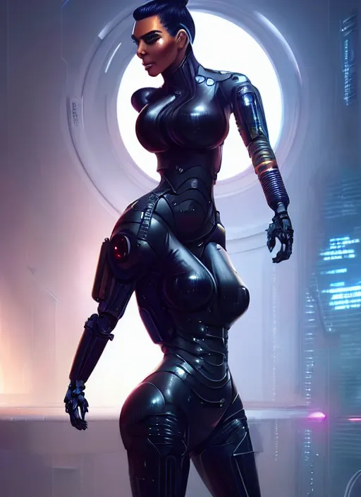 Image similar to kim kardashian as a weaponized cyborg, cyberpunk, intricate wirings, highly detailed, sci - fi, octane render, 8 k, sharp focus, smooth, beautiful and graceful, art by artgerm, greg rutkowski, tian zi, soey milk,