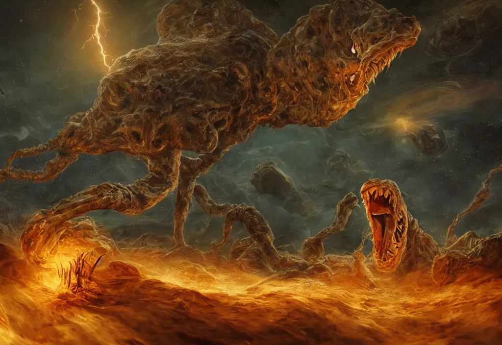 Image similar to eldritch horror bloody garfield in space, hd, 8 k, giant, epic, realistic photo, unreal engine, prophecy, powerful, cinematic lighting, destroyed planet, debris, violent, sinister, ray tracing, dynamic, epic composition, dark, horrific, teeth, grotesque, monochrome drawing, hellscape, corpses, foreboding, lightning, garfield cartoon eyes