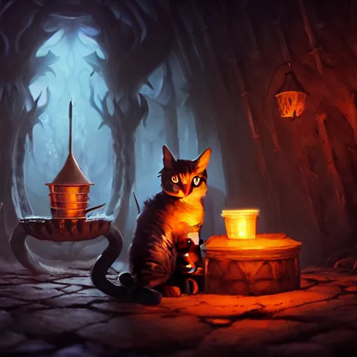 Image similar to Cat Witch, evil, brewing potion in witch Hut, magic the gathering artwork, horror, D&D, fantasy, cinematic lighting, centered, symmetrical, highly detailed, digital painting, artstation, concept art, smooth, sharp focus, illustration, volumetric lighting, epic Composition, 8k, art by Akihiko Yoshida and Greg Rutkowski and Craig Mullins, oil painting, cgsociety