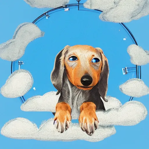 Image similar to an elderly, light gray wire-haired dachshund floating in heaven, blue sky, surrounded by beautiful white clouds, with a halo over his head
