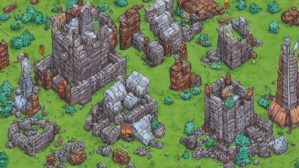 Image similar to aerial view of a wizard tower that's surrounded by resources, lineart from a resource gathering game