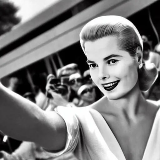 Image similar to selfie smartphone photo of a young Grace Kelly at the Monaco Gran Prix, F1 cars blurred in background, iphone photo, smartphone resolution, trending on instagram, influencer photography