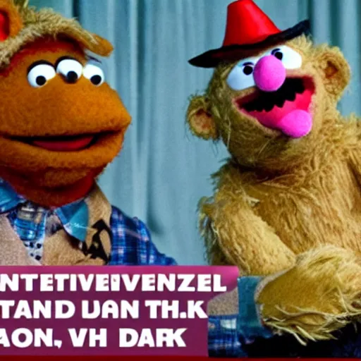 Image similar to An intervention for Fozzie Bear, sad, dark