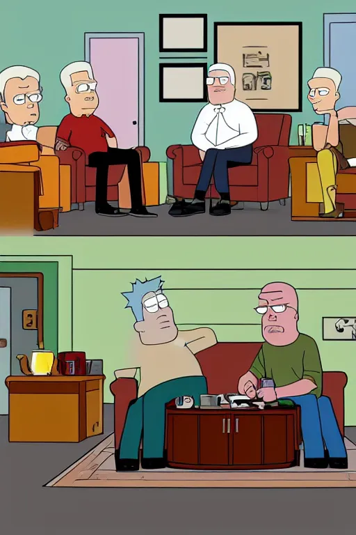 Image similar to a detailed picture of a cartoon jay leno interviewing hank hill rick from rick and morty, on the tonight show, talk show set, spotlights, cartoon and anime style, 8 k