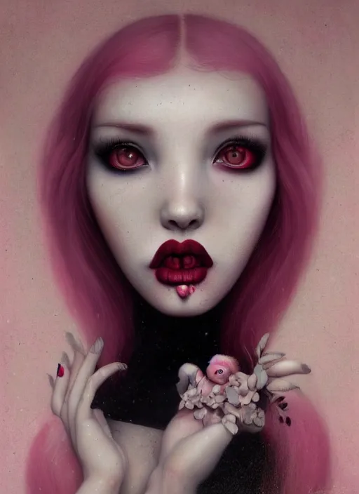 Image similar to pop surrealism, lowbrow art, realistic cute seductive female figure painting, japanese street fashion, hyper realism, muted colours, natalie shau tom bagshaw, mark ryden, trevor brown style,