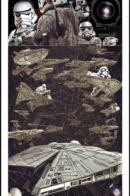 Prompt: platonic ideal of han solo, nazgul mandelbulb, deathstar, millenium falcon, detailed, stormtroopers, darth vader, action pose, intricate, volumetric lighting, moebius, geof darrow, dan mumford, alphonse mucha, poster,