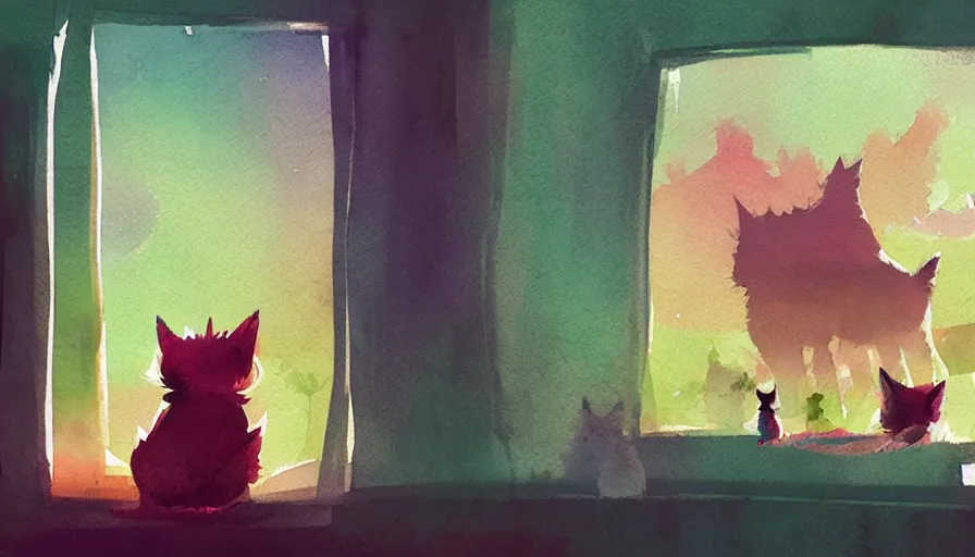 Image similar to watercolor illustration style, cute cats looking out the window, inspired by tearaway, dreamy aesthetic, misty, trending on artstation, vivid colors, 8 k, filip hodas, jeremy mann