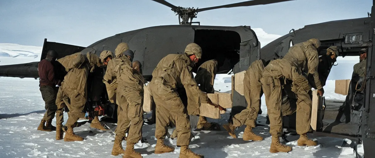 Image similar to establishing wide shot color movie like 3 5 mm photograph of a us soldier unloading metal crate from a black military 1 9 8 2 helicopter in antarctica