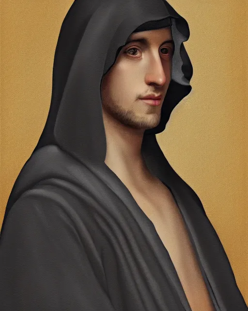 Image similar to digital art portrait of a young man in dark robes, hooded