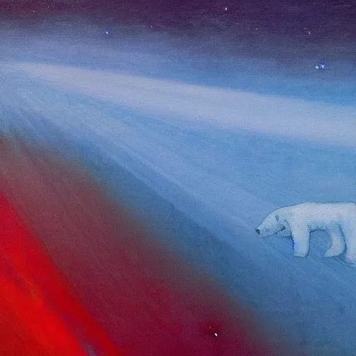 Image similar to the epic abstract painting'blue arctic void with black and red aurora borealis above a tiny polar bear family ', by caspar david friedrich!!!, by rothko!!!, stunning masterpiece, trending on artstation