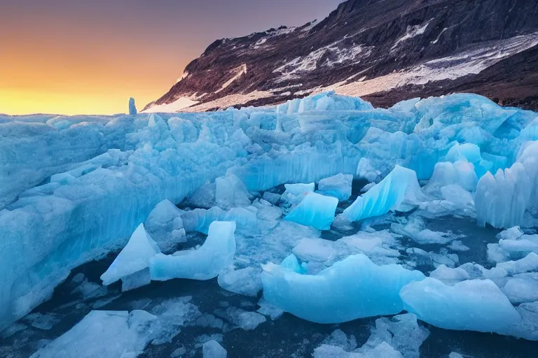 Prompt: Ice cliffs at night, glacier photography, bright sea, black sky, blue glow, icebergs, today\'s featured nature photography