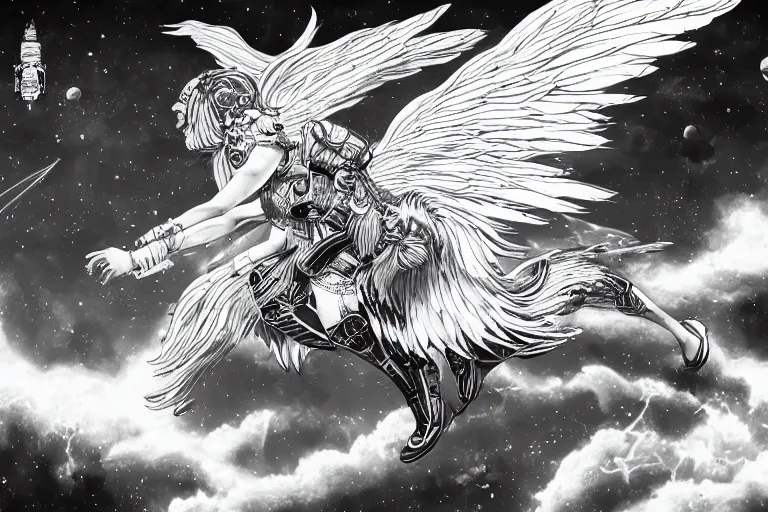 Image similar to angelic majestic winged lioness flying in outer space, black and white ink on paper, thick thick thick outlines, 8k high quality detailed character art, trending on art station and cgsociety, super wide angel, manga art, octane, by Eiichiro Oda