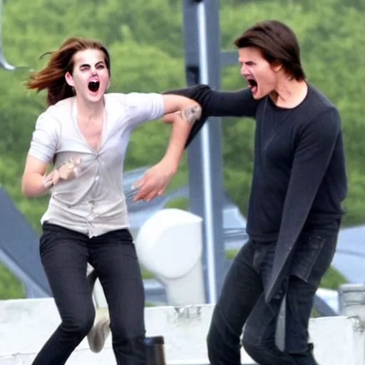 Prompt: tom cruise screaming and jumping on emma watson