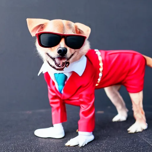 Prompt: award winning photo of a dog wearing an expensive suit and sunglasses