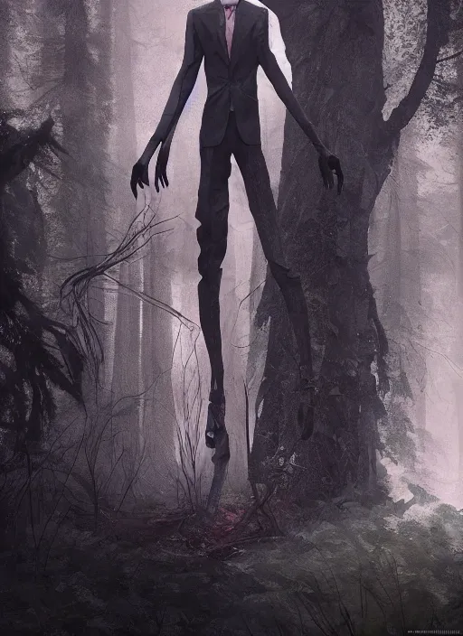 Image similar to a creepy portrait of slenderman. forest. night. character design by cory loftis, fenghua zhong, ryohei hase, ismail inceoglu and ruan jia. volumetric light, detailed, rendered in octane