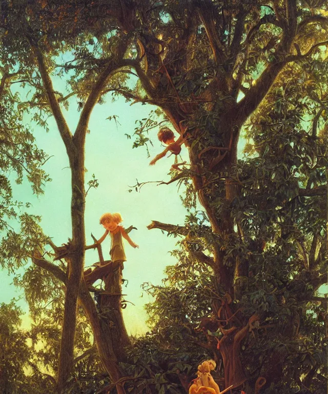 Image similar to masterful oil on canvas painting, eye - level view, shot from 5 0 feet distance, of a kid playing in a treehouse. in the background is a whimsical sparse forest. golden hour, detailed, depth, volume, chiaroscuro, quiet intensity, vivid color palette. by tex avery and gerald brom