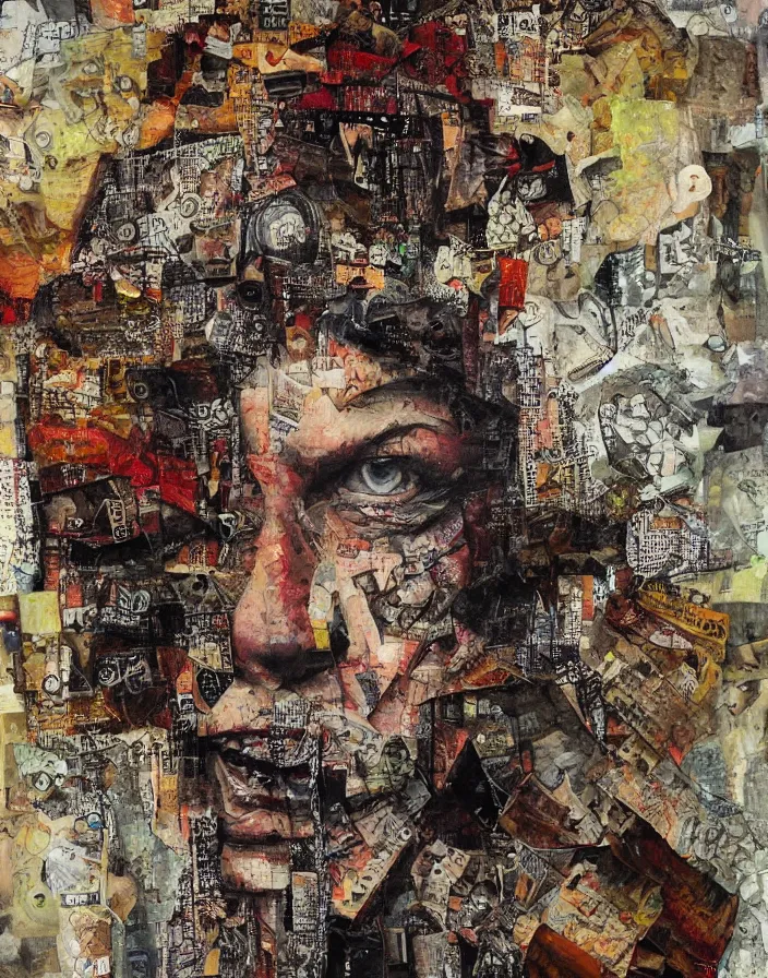 Prompt: distortion of reality detailed mixed media collage with canvas texture, conteporary art, punk art, realistic face, photorealistic, expressionism, masterpiece, perfect composition, spectacular quality, intricate oil details