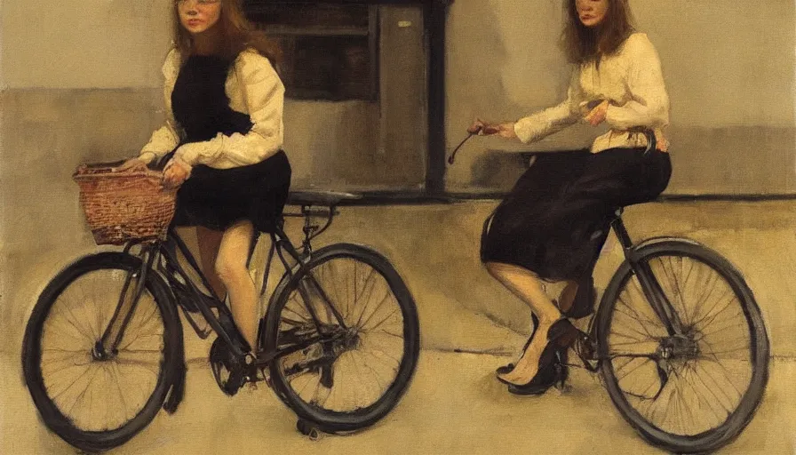 Image similar to painting by borremans, young woman riding a bike, detailed, stunning