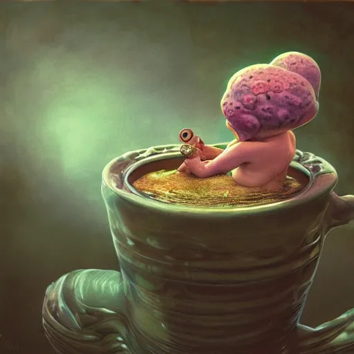 Image similar to long shot of a crazy toad baby sitting in a searose cup, by esao andrews, by m. w. kaluta, very humorous illustration, small depth of field, perspective perception, volumetric light, psychedelic colors, 3 d octane render, 8 k, conceptart, hyperdetailed, hyperrealistic, trending on artstation