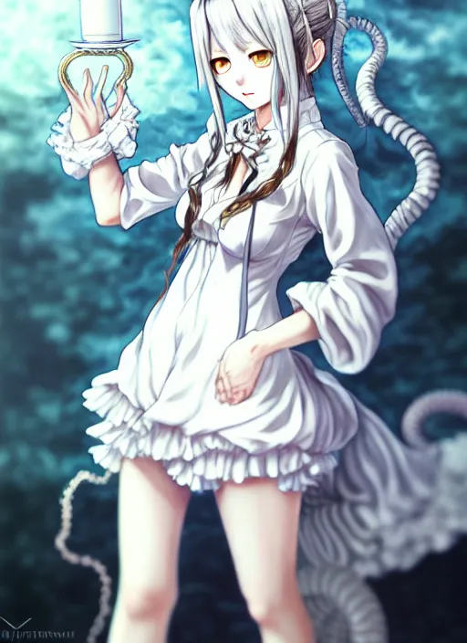 Prompt: a portrait of nekomimi wearing white dress an ultrafine detailed painting, detailed painting, detailed eyes!!, final fantasy octopath traveler lovecraft cosmic realistic hands horror