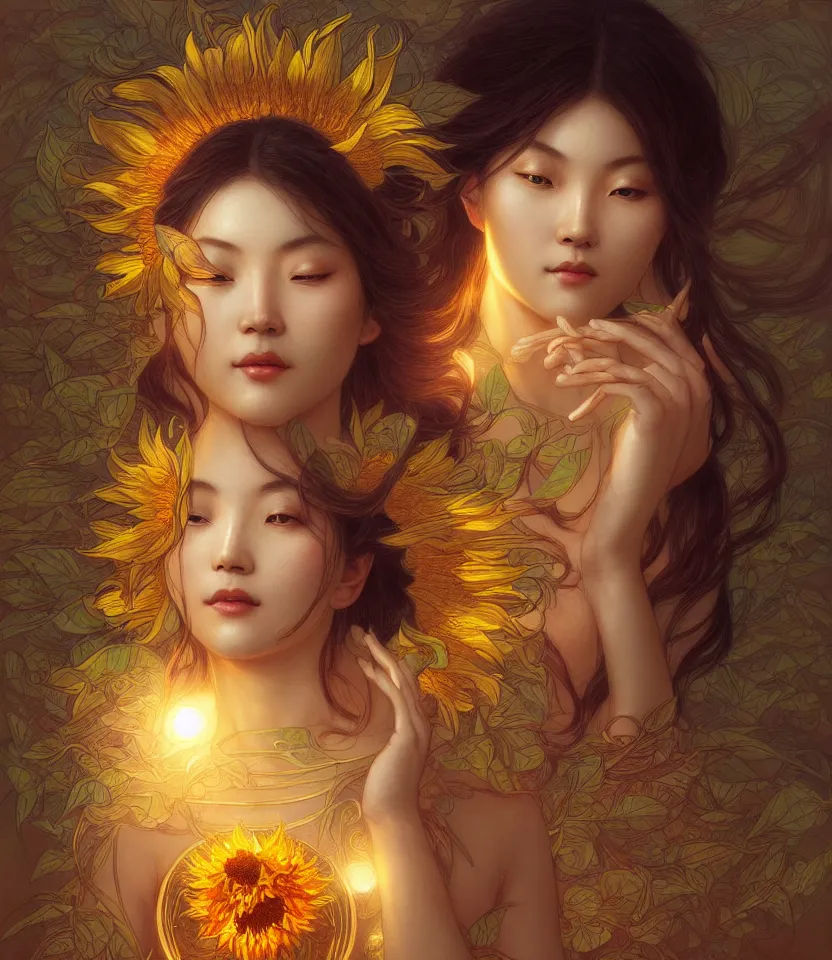 Image similar to sacred sunflowers, chinese goddess, emiting mystical light, intricate, elegant, highly detailed, my rendition, digital painting, artstation, concept art, smooth, sharp focus, radiant light, illustration, art by artgerm and greg rutkowski and alphonse mucha