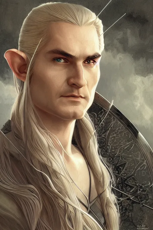 Image similar to legolas, lord of the rings elf, intricate, elegant, highly detailed, digital painting, artstation, concept art, smooth, sharp focus, illustration, art by artgerm and greg rutkowski and alphonse mucha