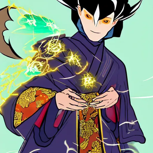 Image similar to A man with dark magic superpowers in the genshin impact style