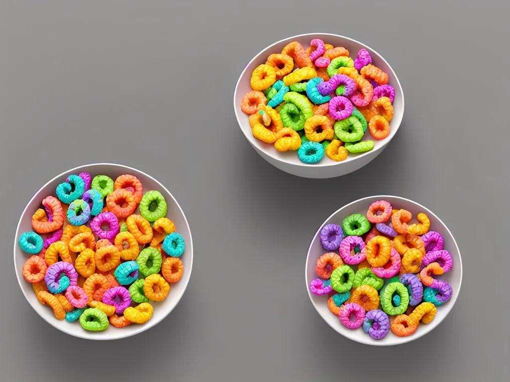 Prompt: bowl of fruit loops in milk, high realism, high contrast, bump map, crunchy, glossy, high detail, stylized, pixar, substance painter, octane render