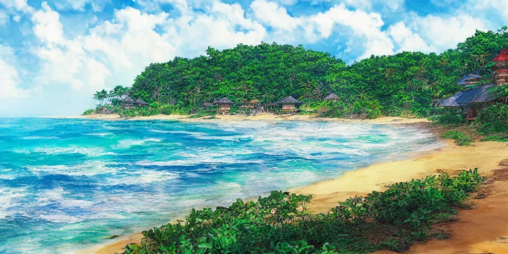 Image similar to sri lankan beach, drawn by hayao miyazaki