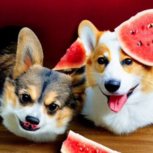 Prompt: a happy corgi eating watermelon while sad cat watches