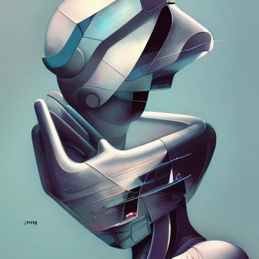 Image similar to scifi futurism automaton minimalism chrome by peter mohrbacher art Hajime Sorayama airbrush hyperrealism model abstract shatter fragments cubism futurism pastel blue soft flat minimal minimalism portrait face jackson pollock ukiyo-e lithograph mark ruthko swirl escape noise shimmer glow paint