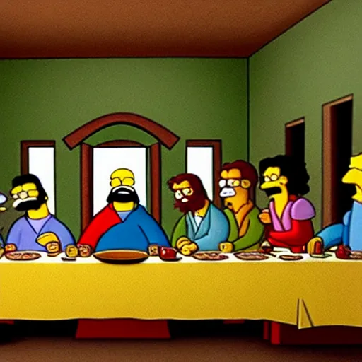 Image similar to the last supper as a still from the simpsons