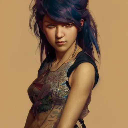 Image similar to highly detailed portrait of a punk young lady by by Artgerm,Greg Rutkowski,Alphonse Mucha, 4k resolution